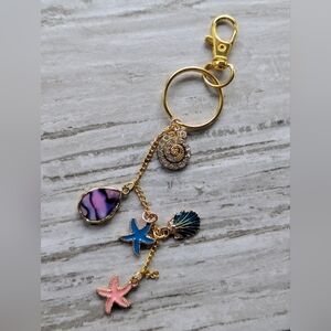 Gold and Blue Beachy Seashell Charm Keychain